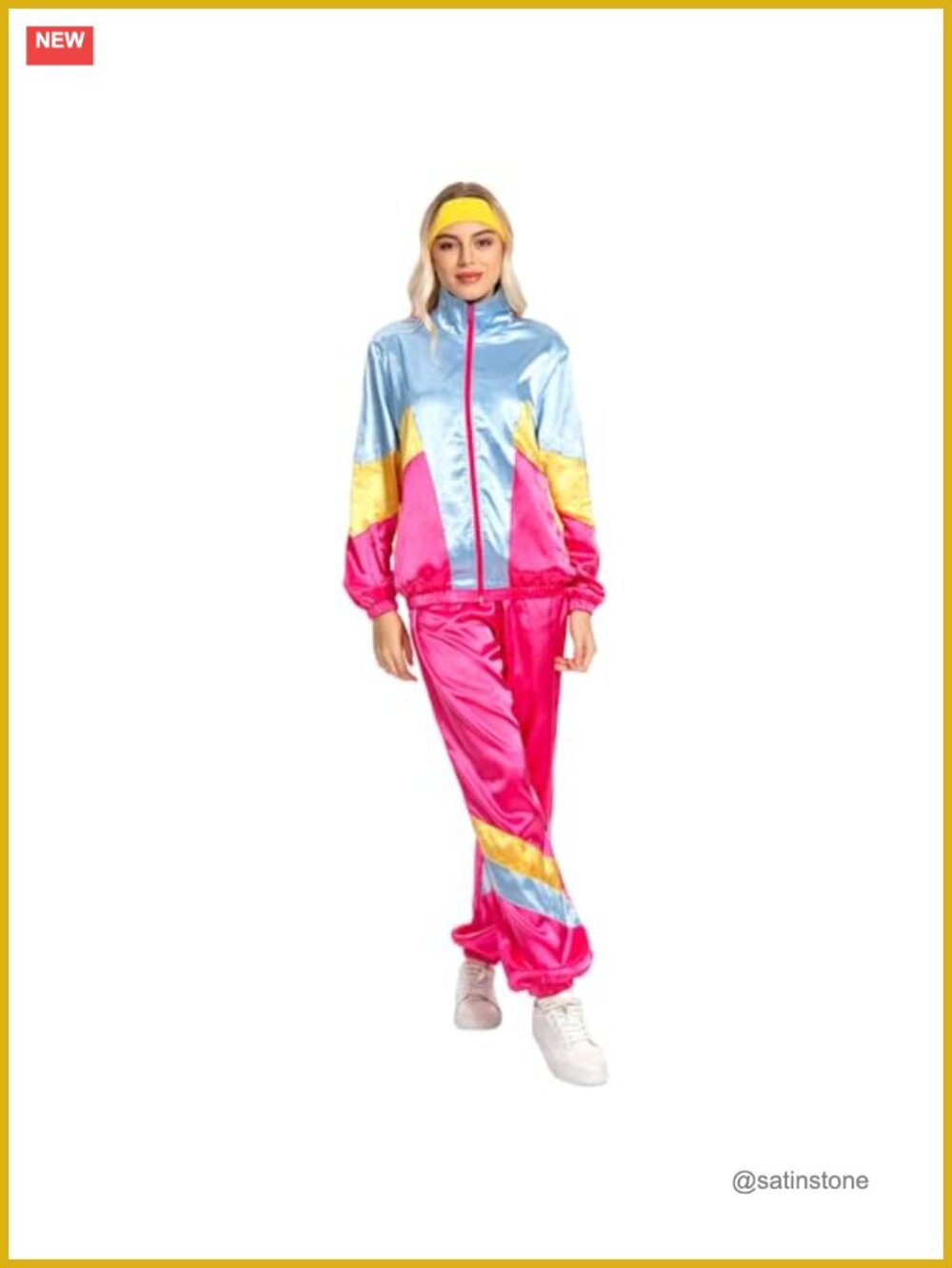 3 Piece Satin Tracksuit Set Zip Jacket Jogger Pants Headband Retro Sportswear